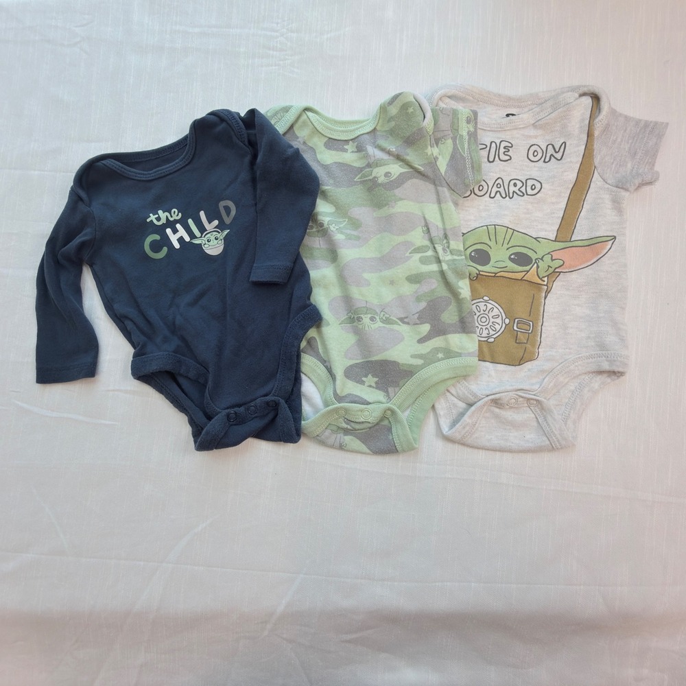 Star Wars Bodysuit Set Baby 0-3M Blue Green Gray Excellent Grogu Mandalorian 3pk
